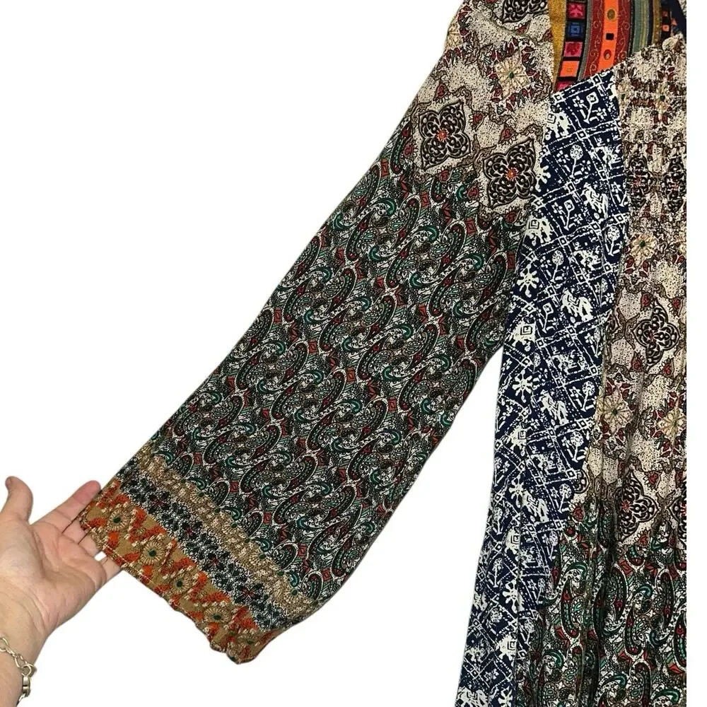 Altar'd State Boho Peasant Small Mixed Print Smocked Blouse Festival Flowy Tunic